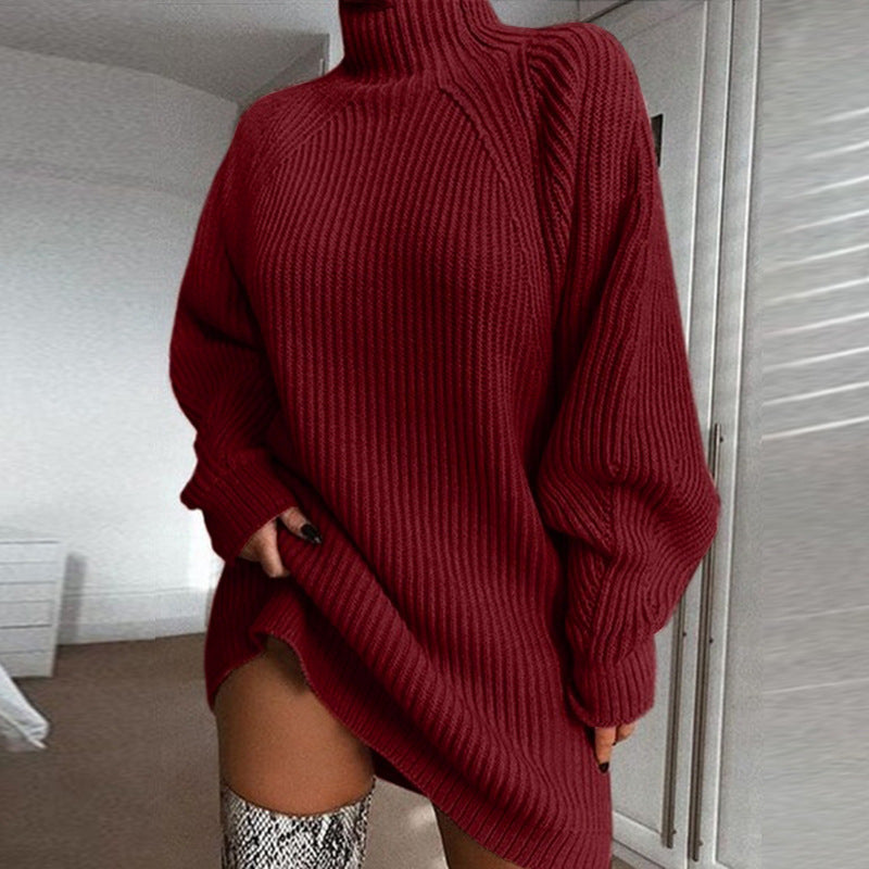 Solid Turtleneck Long Sweater Winter Warm Women Sweater Dress-8