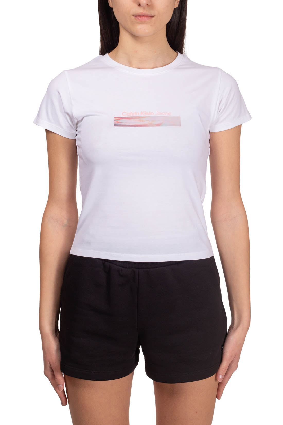 CALVIN KLEIN JEANS - Women's crop T-shirt with satin application - Size M-9