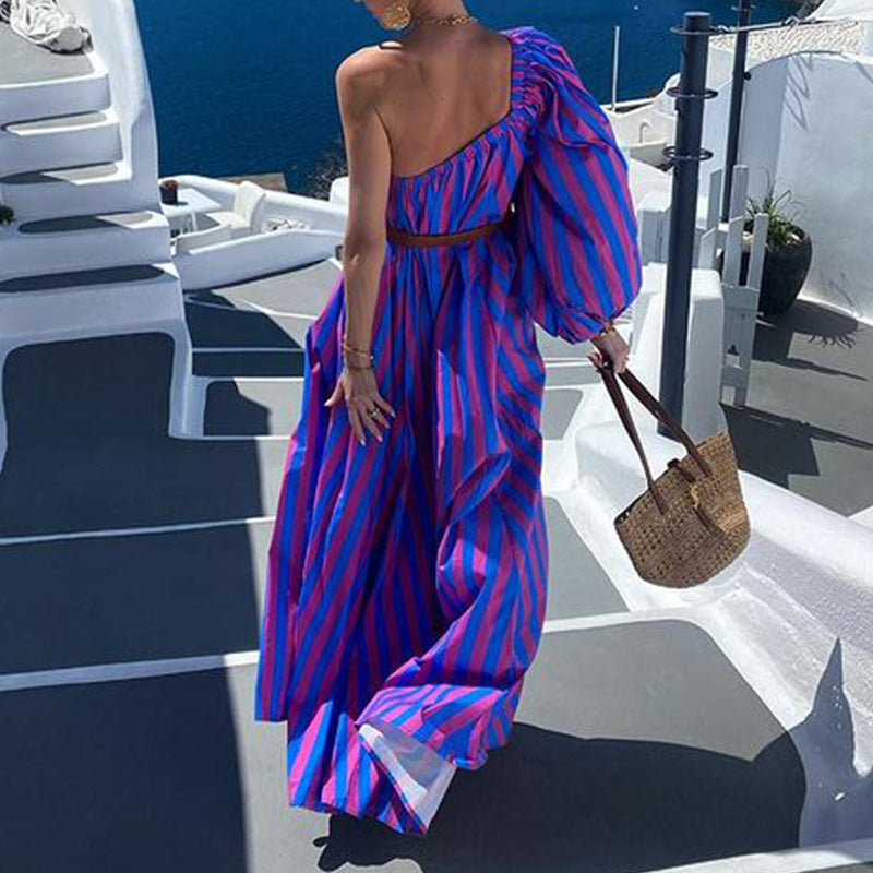 Fashion Personalized Oblique Shoulder Boho Striped Women's Mid-length Dress-4