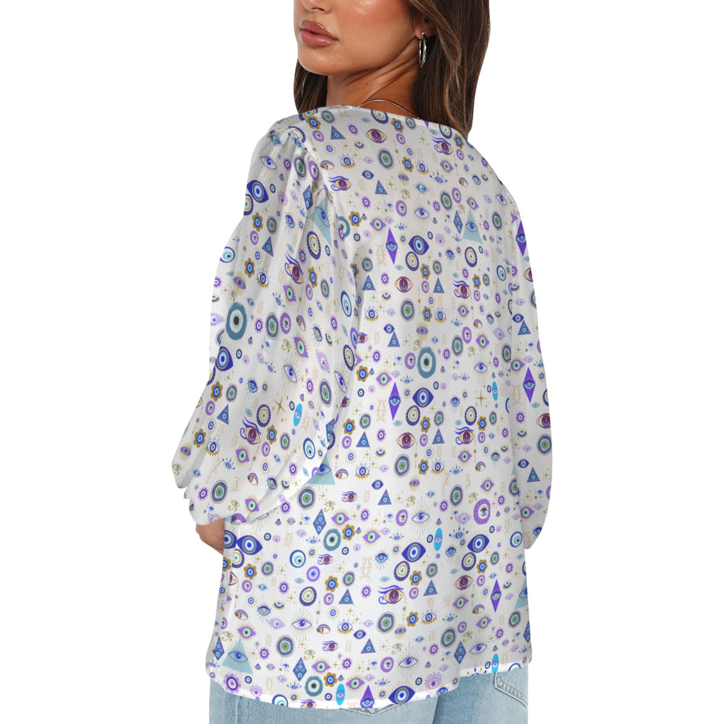 Women's Evil Eye Loose V-Neck Long Puff Sleeve Top-2