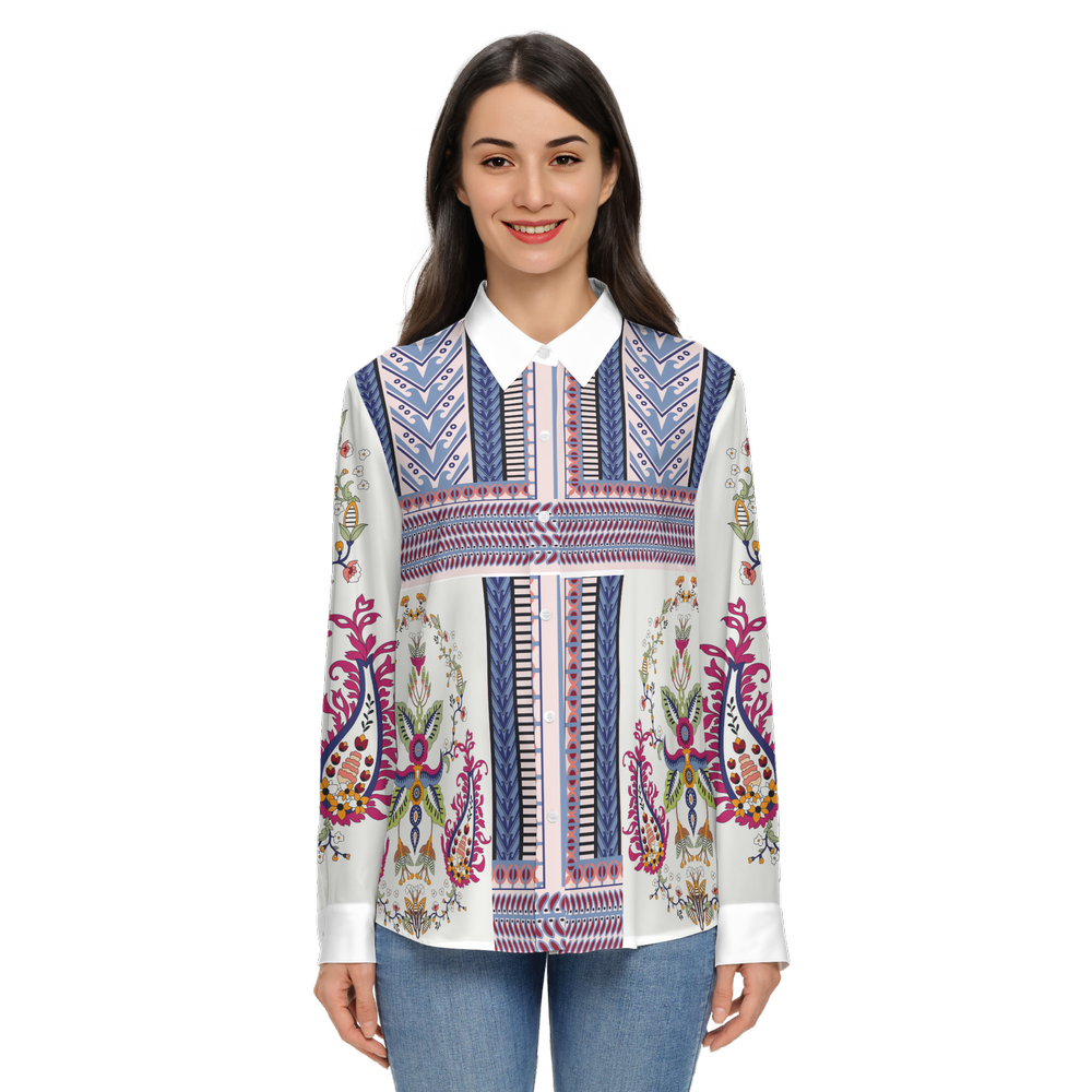 Women's Santorini Motif Classic Long Sleeve Button-Up Shirt-0