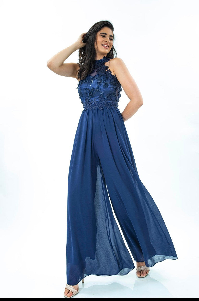 Heavy Blu Jumpsuit with lace & Open Back-3