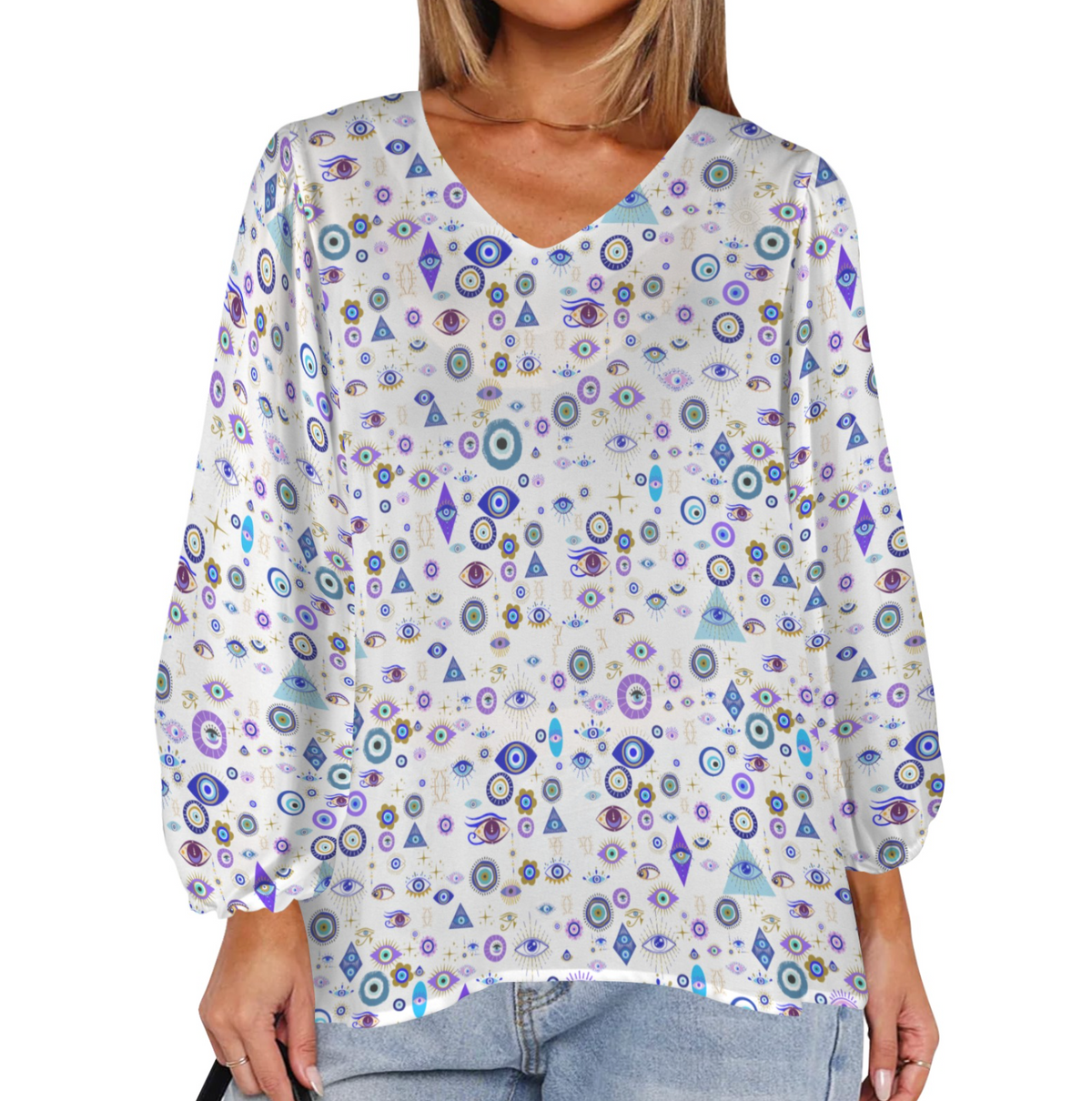 Women's Evil Eye Loose V-Neck Long Puff Sleeve Top-0