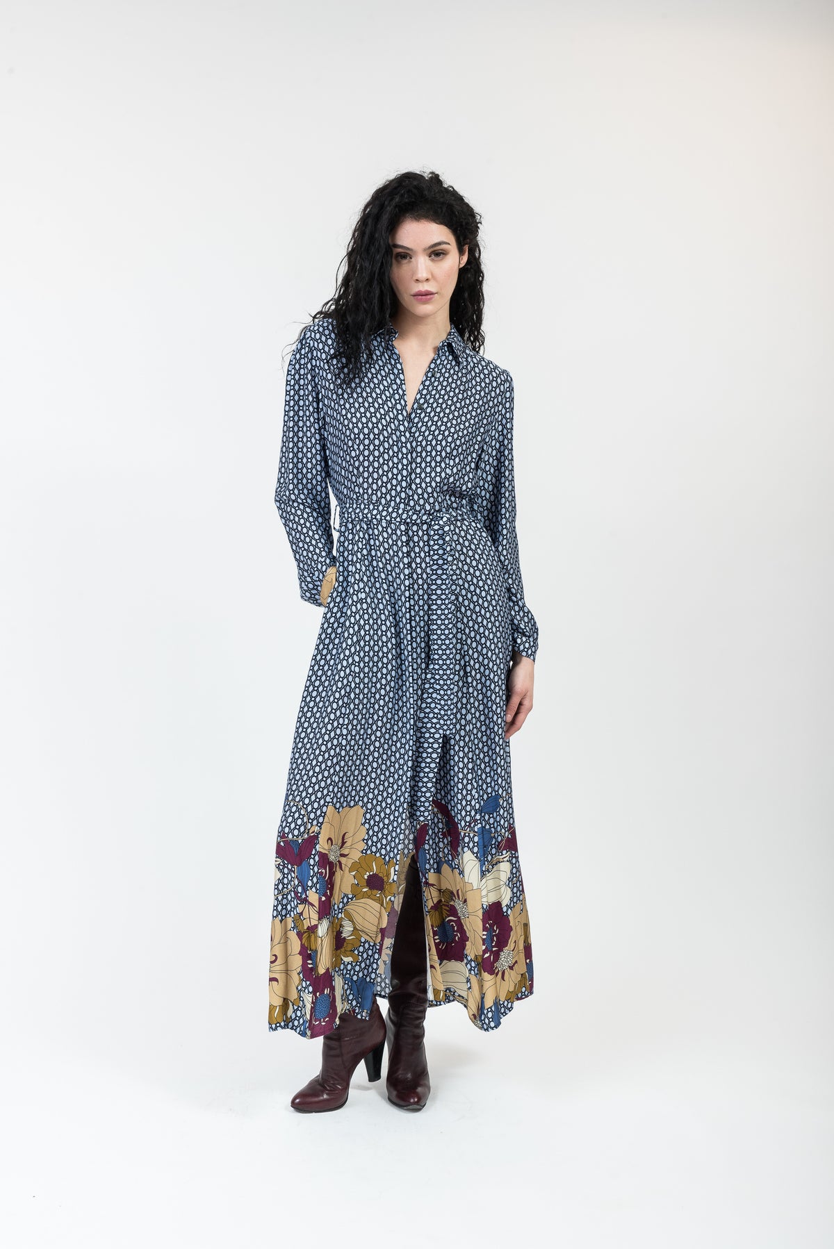 Blue Long Winter Chemise dress with long sleeves and flowers pattern-0