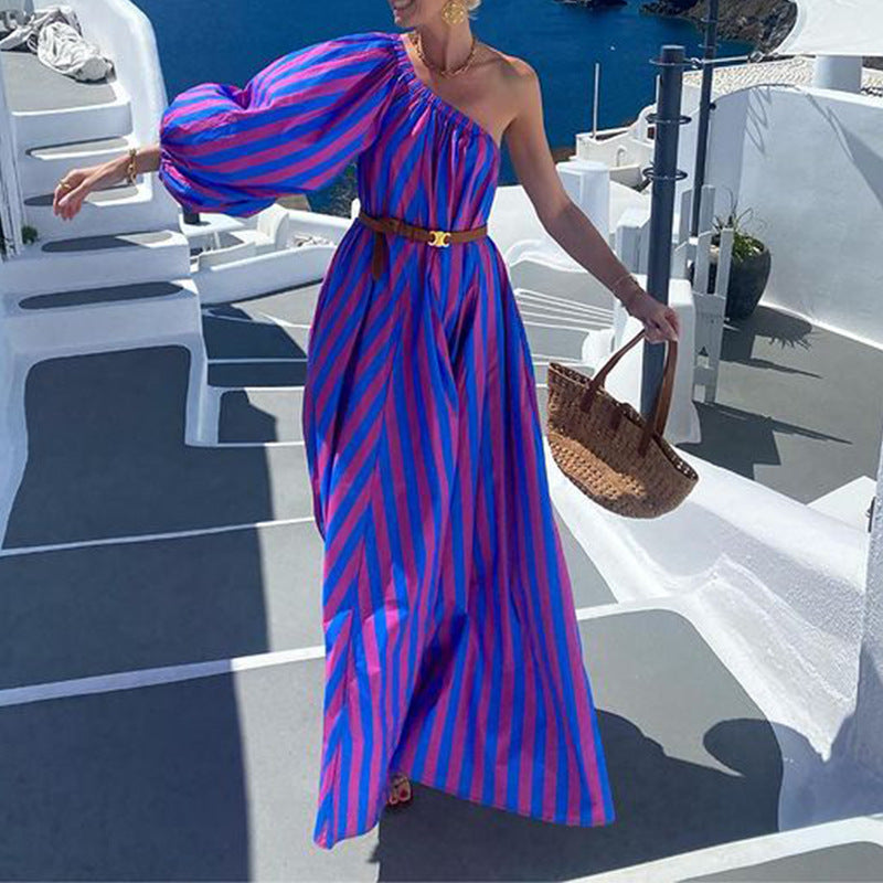 Fashion Personalized Oblique Shoulder Boho Striped Women's Mid-length Dress-2