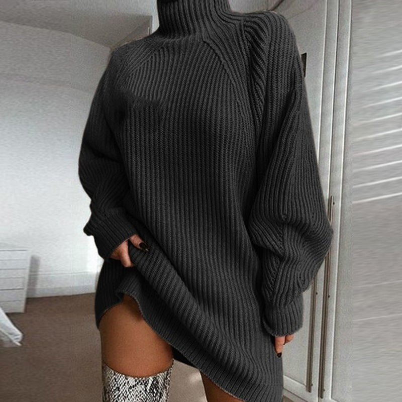 Solid Turtleneck Long Sweater Winter Warm Women Sweater Dress-5