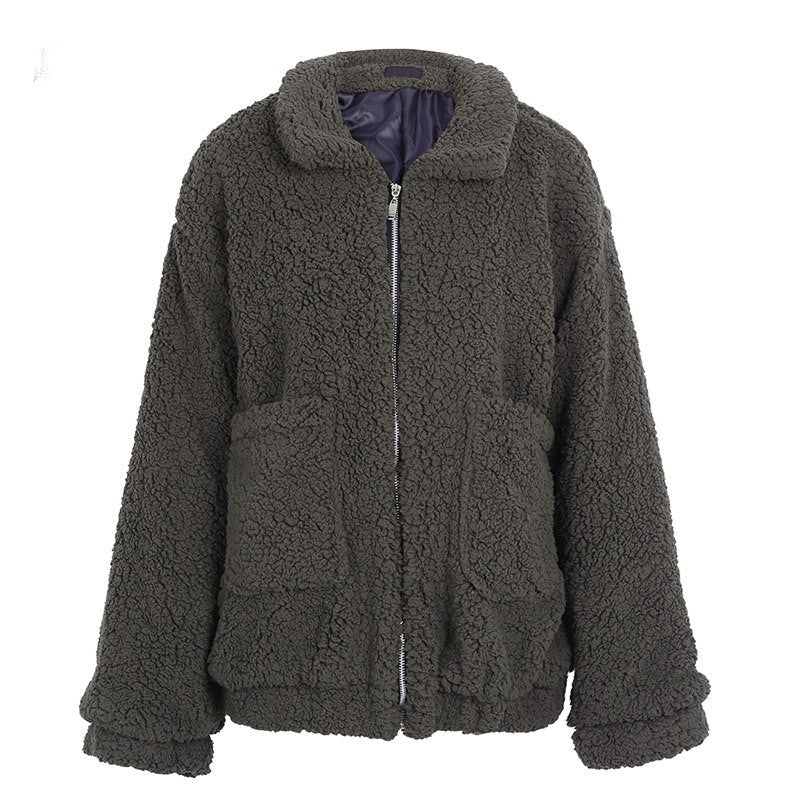 Faux lambswool oversized jacket coat Winter black warm hairly jacket Women autumn outerwear-6