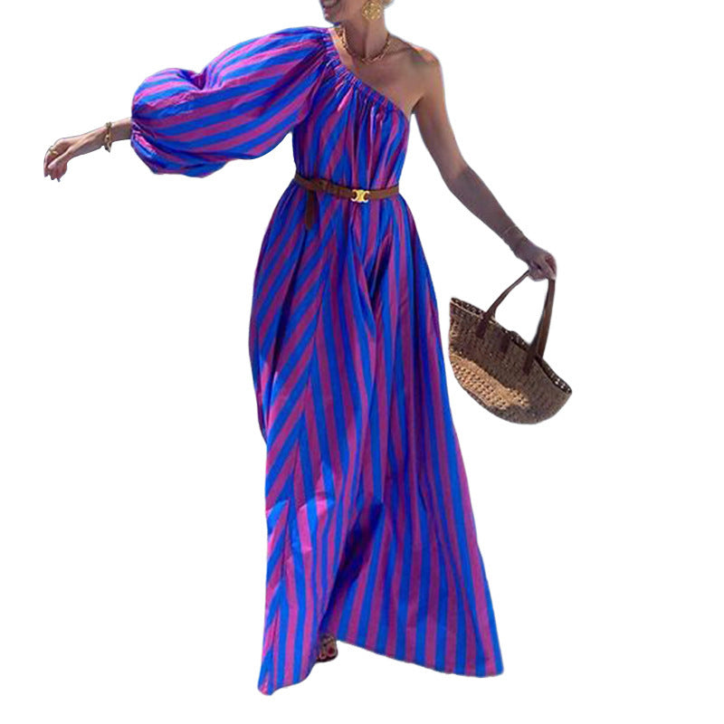 Fashion Personalized Oblique Shoulder Boho Striped Women's Mid-length Dress-1