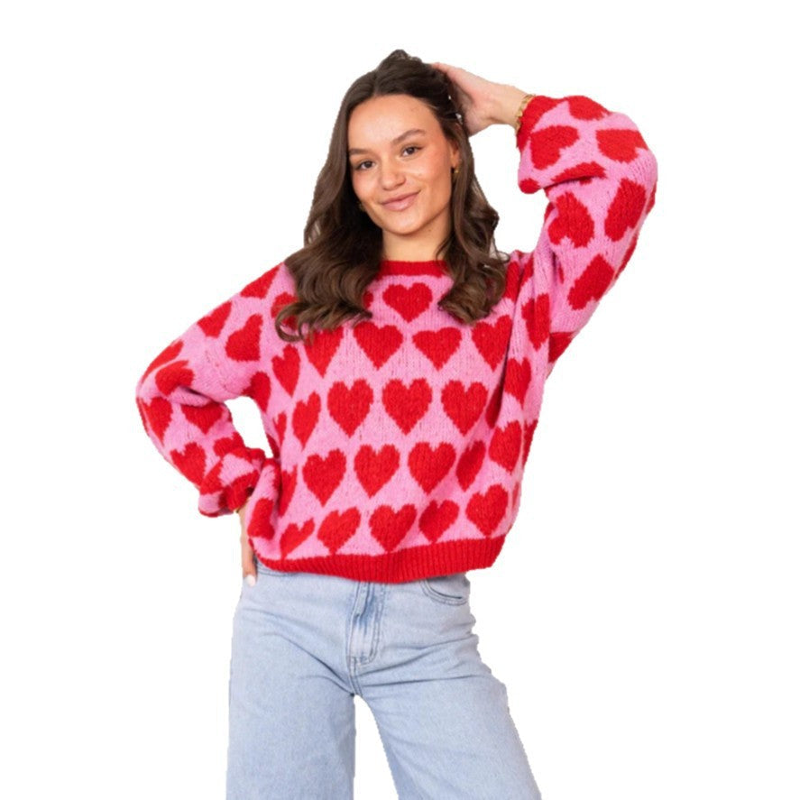 Heart Jacquard Color Contrast Short Knitted Valentine's Day Sweater-3