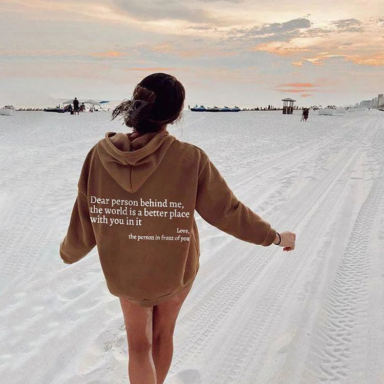 Dear Person Behind Me,the World Is A Better Place,with You In It,love,the Person In Front Of You,Women's Plush Letter Printed Kangaroo Pocket Drawstring Printed Hoodie Unisex Trendy Hoodies-12