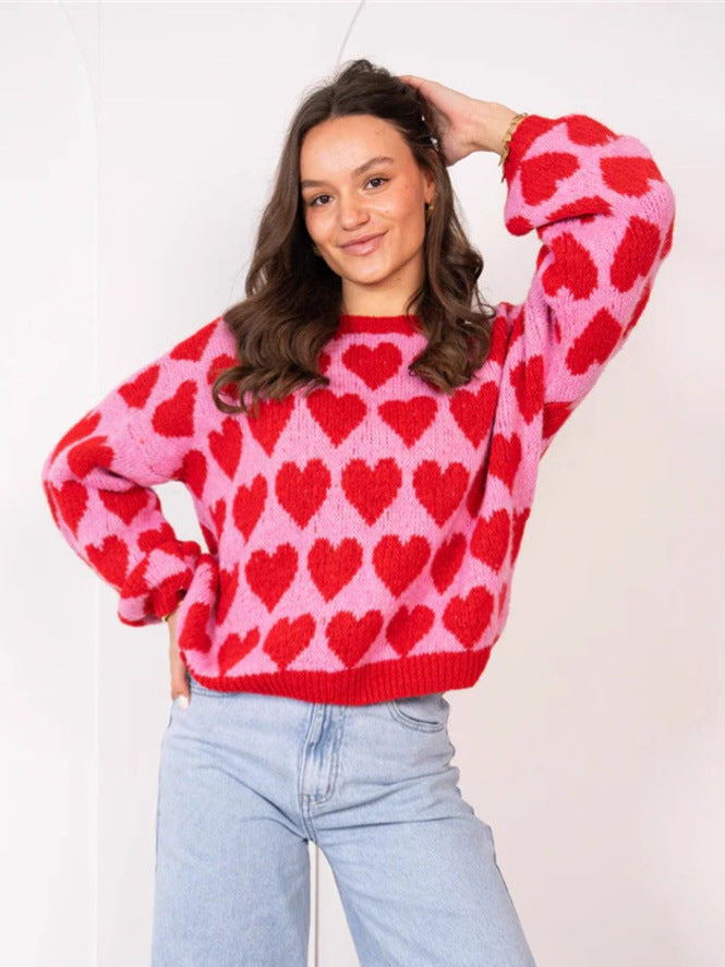 Heart Jacquard Color Contrast Short Knitted Valentine's Day Sweater-4