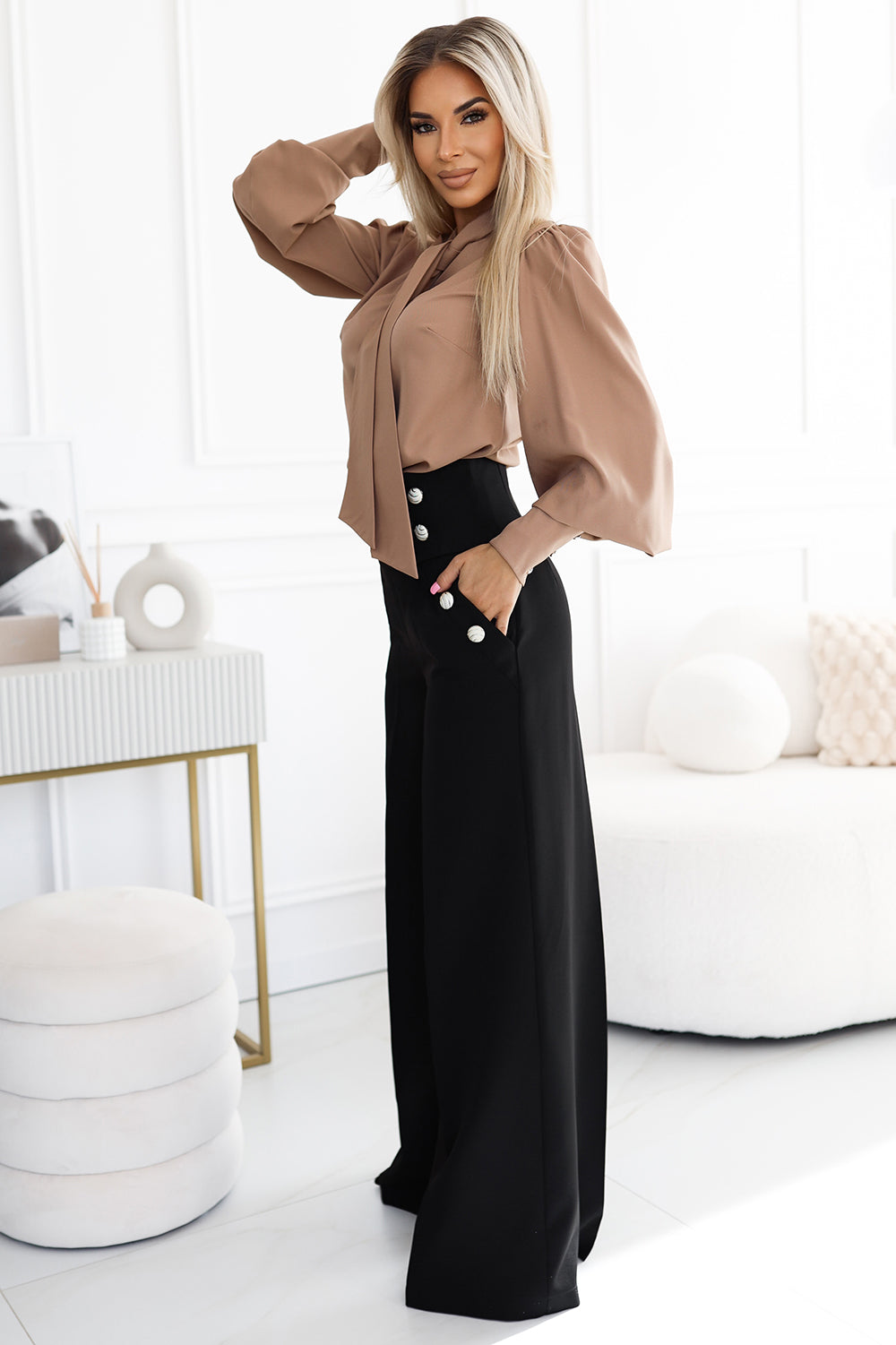 Numoco 578-1 Unique business blouse with long sleeves, ties and buttons - caramel color - mocha mousse