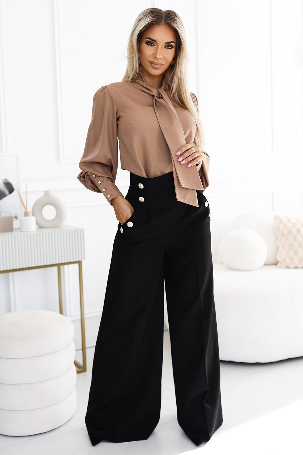 Numoco 578-1 Unique business blouse with long sleeves, ties and buttons - caramel color - mocha mousse