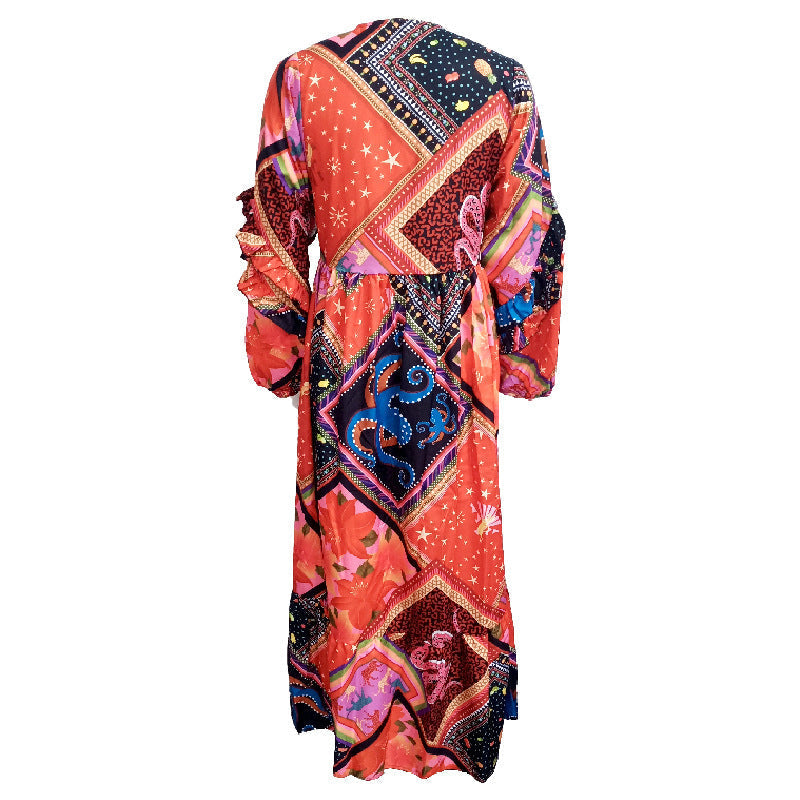 Women's V-Neck Long Sleeve Printed Boho Dress-4