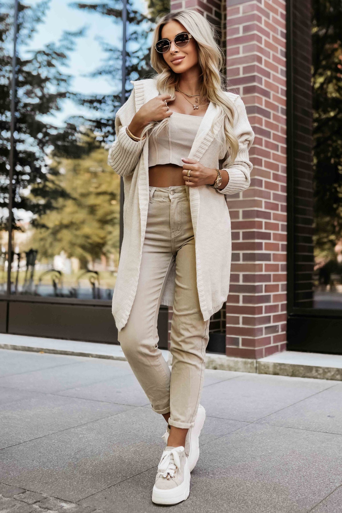 Numoco Basic 629-1 Comfortable oversized cardigan with a hood and a stylish patch - beige-1