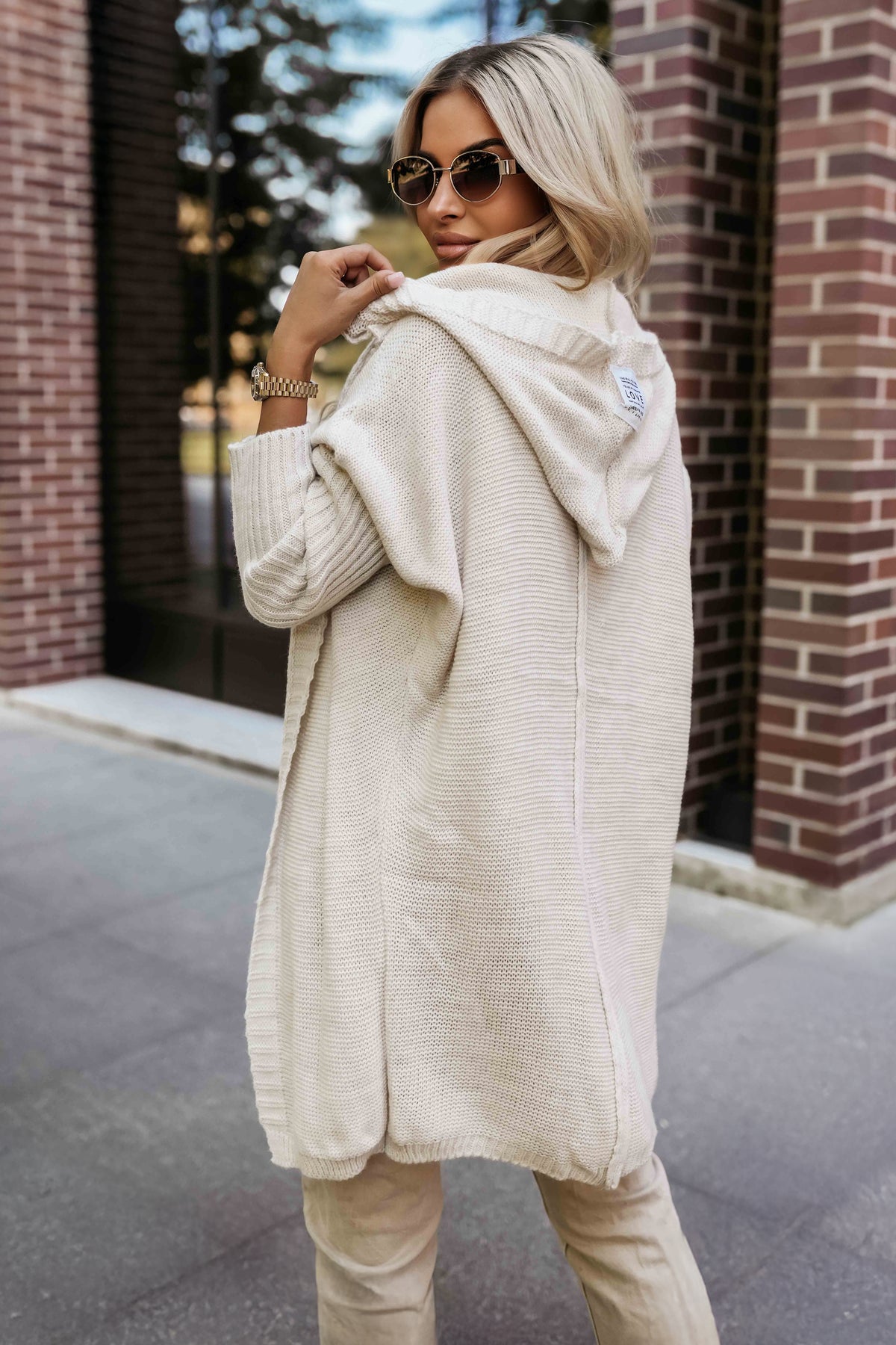 Numoco Basic 629-1 Comfortable oversized cardigan with a hood and a stylish patch - beige-2