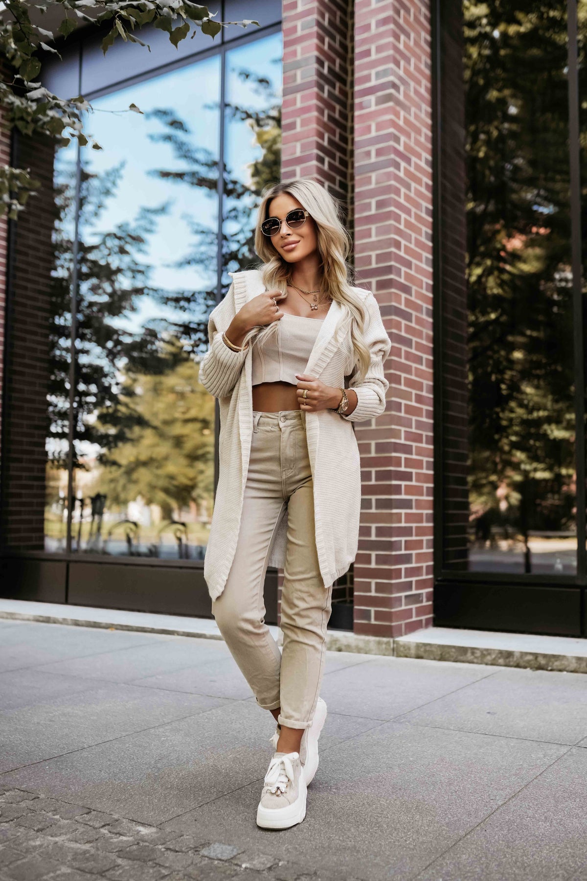 Numoco Basic 629-1 Comfortable oversized cardigan with a hood and a stylish patch - beige-6