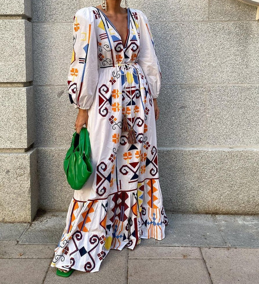 Women's V-Neck Long Sleeve Printed Boho Dress-2