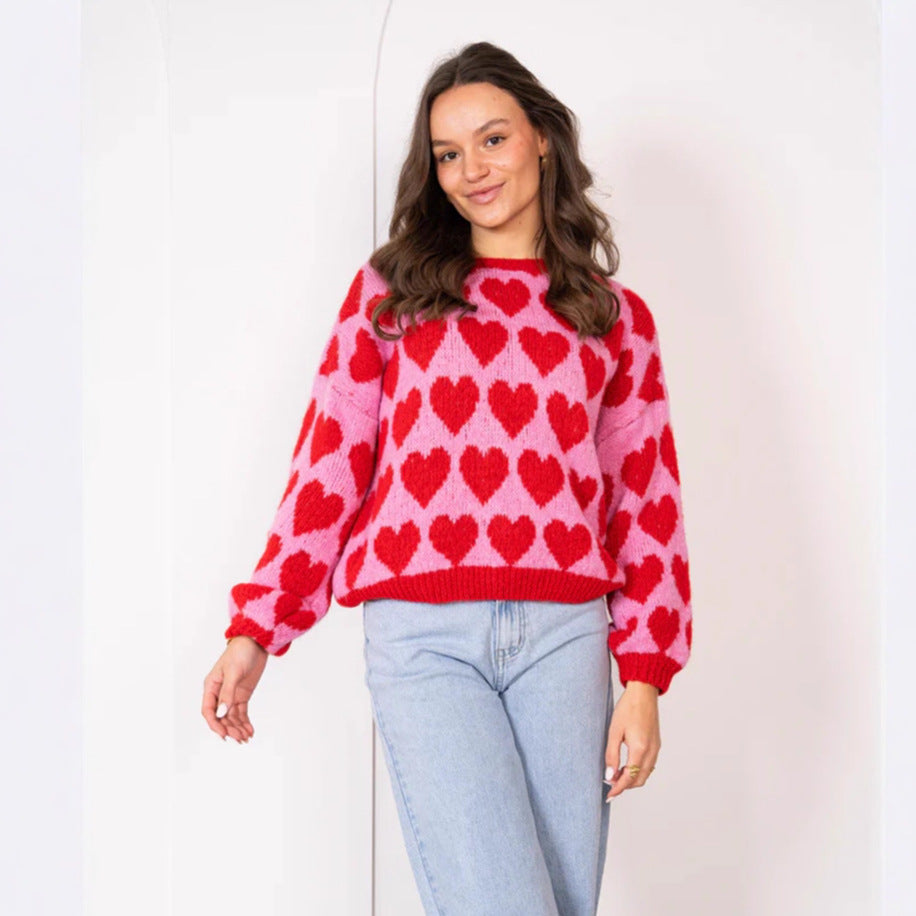 Heart Jacquard Color Contrast Short Knitted Valentine's Day Sweater-1