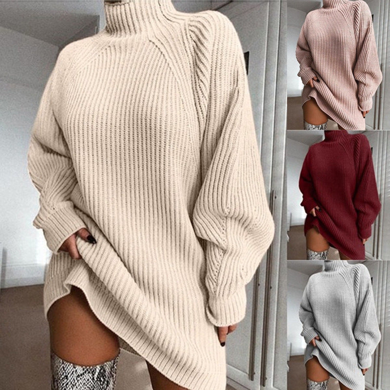 Solid Turtleneck Long Sweater Winter Warm Women Sweater Dress-1