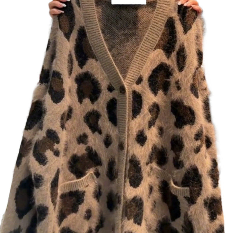 Leopard Print Thick Warm Coat Loose Lazy Knitted Cardigan Sweater-1