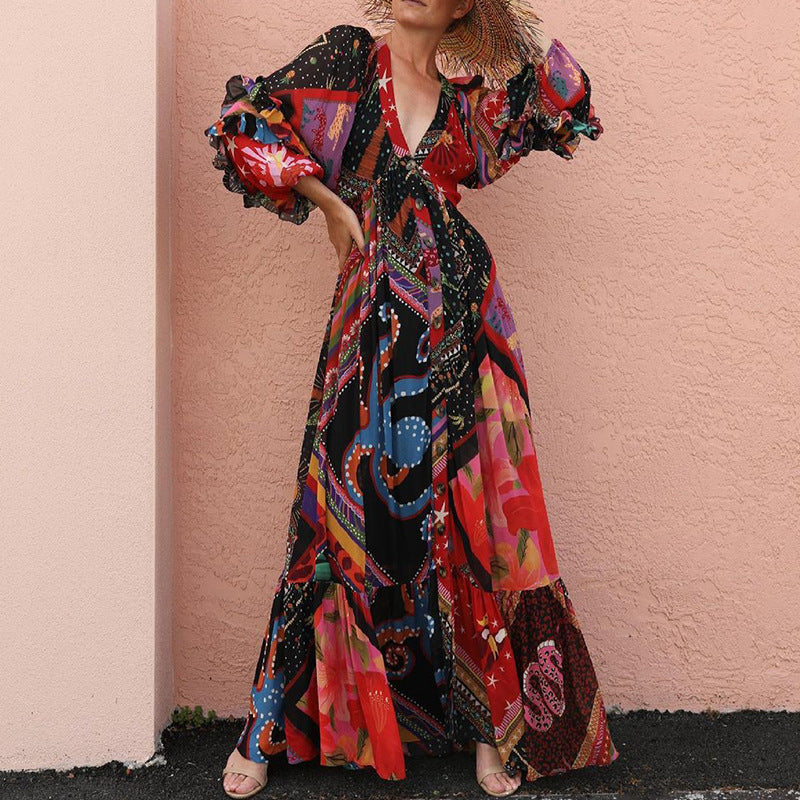 Women's V-Neck Long Sleeve Printed Boho Dress-0