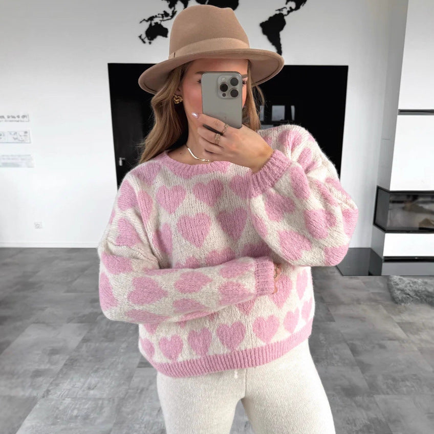 Heart Jacquard Color Contrast Short Knitted Valentine's Day Sweater-2