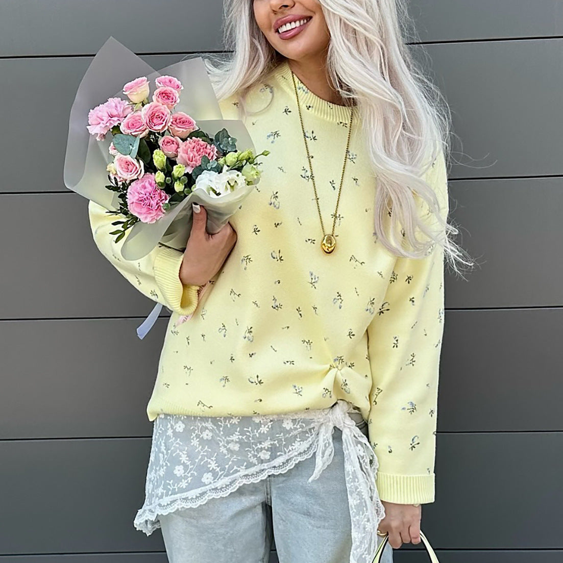 Womens European And American-style Chic Floral-print Crew-neck Pullover Sweater-4