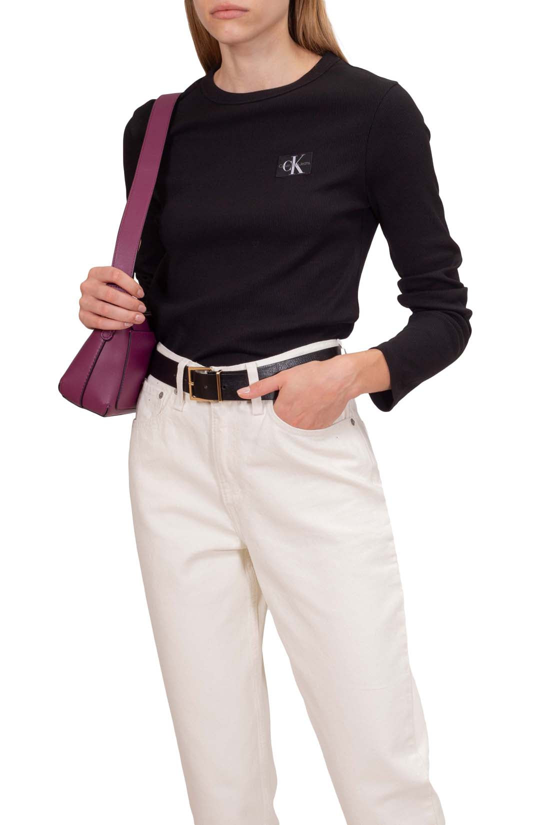 CALVIN KLEIN JEANS - Women's slim ribbed T-shirt with logo patch  - Size S-3