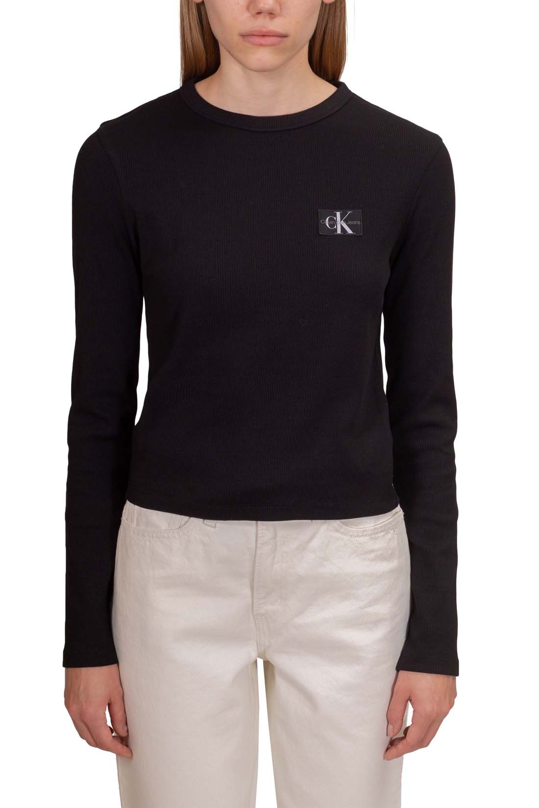 CALVIN KLEIN JEANS - Women's slim ribbed T-shirt with logo patch  - Size S-13