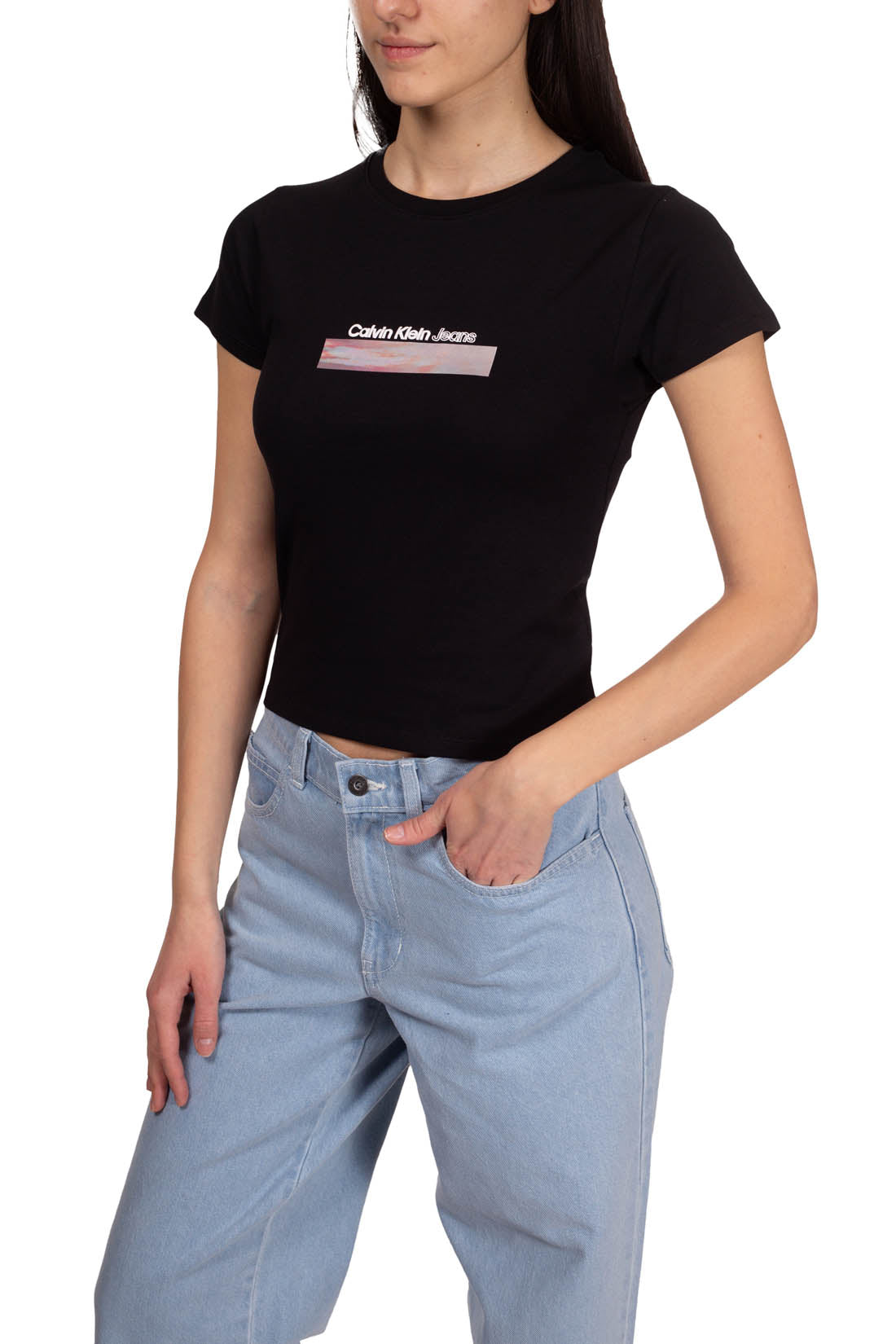 CALVIN KLEIN JEANS - Women's crop T-shirt with satin application - Size M-3