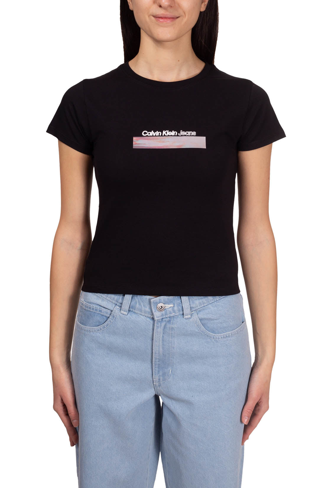 CALVIN KLEIN JEANS - Women's crop T-shirt with satin application - Size M-1
