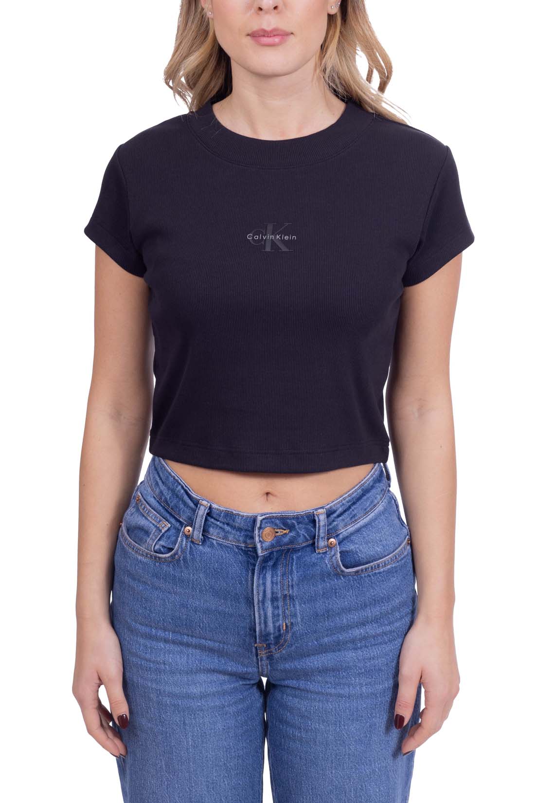CALVIN KLEIN JEANS - Women's slim crop ribbed T-shirt  - Size L-3