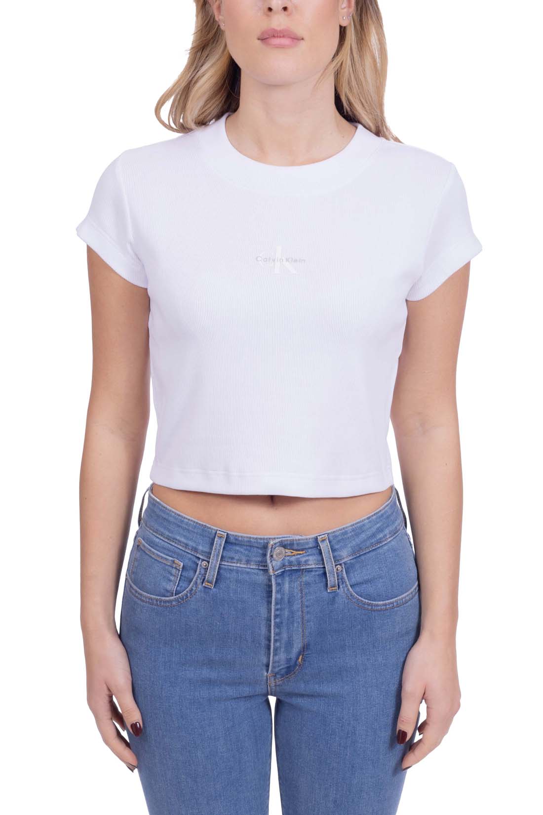 CALVIN KLEIN JEANS - Women's slim crop ribbed T-shirt  - Size L-15