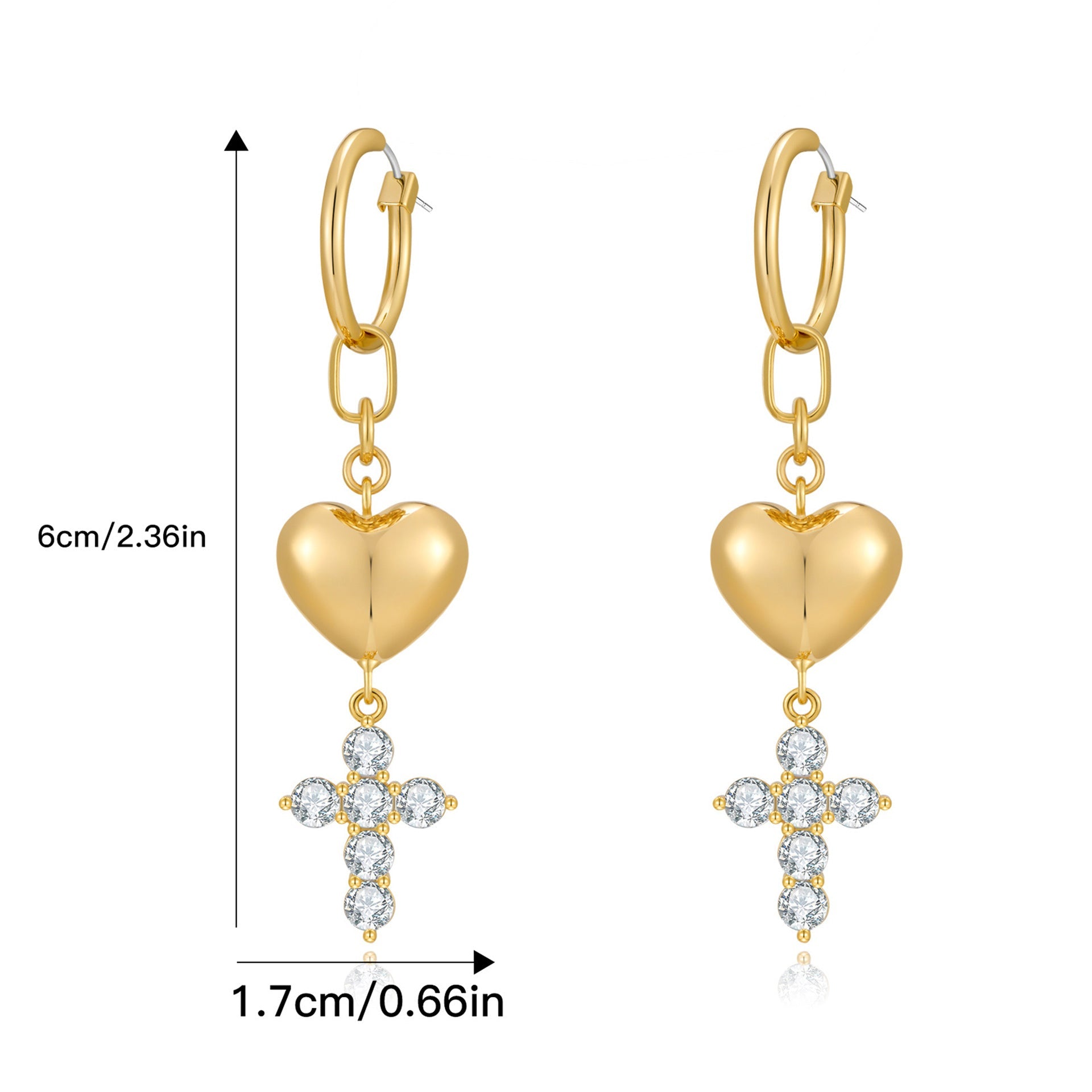 Fashionable heart-shaped ear buckle French retro sweet heart-shaped cross earrings, niche zircon light luxury high-end earrings-5