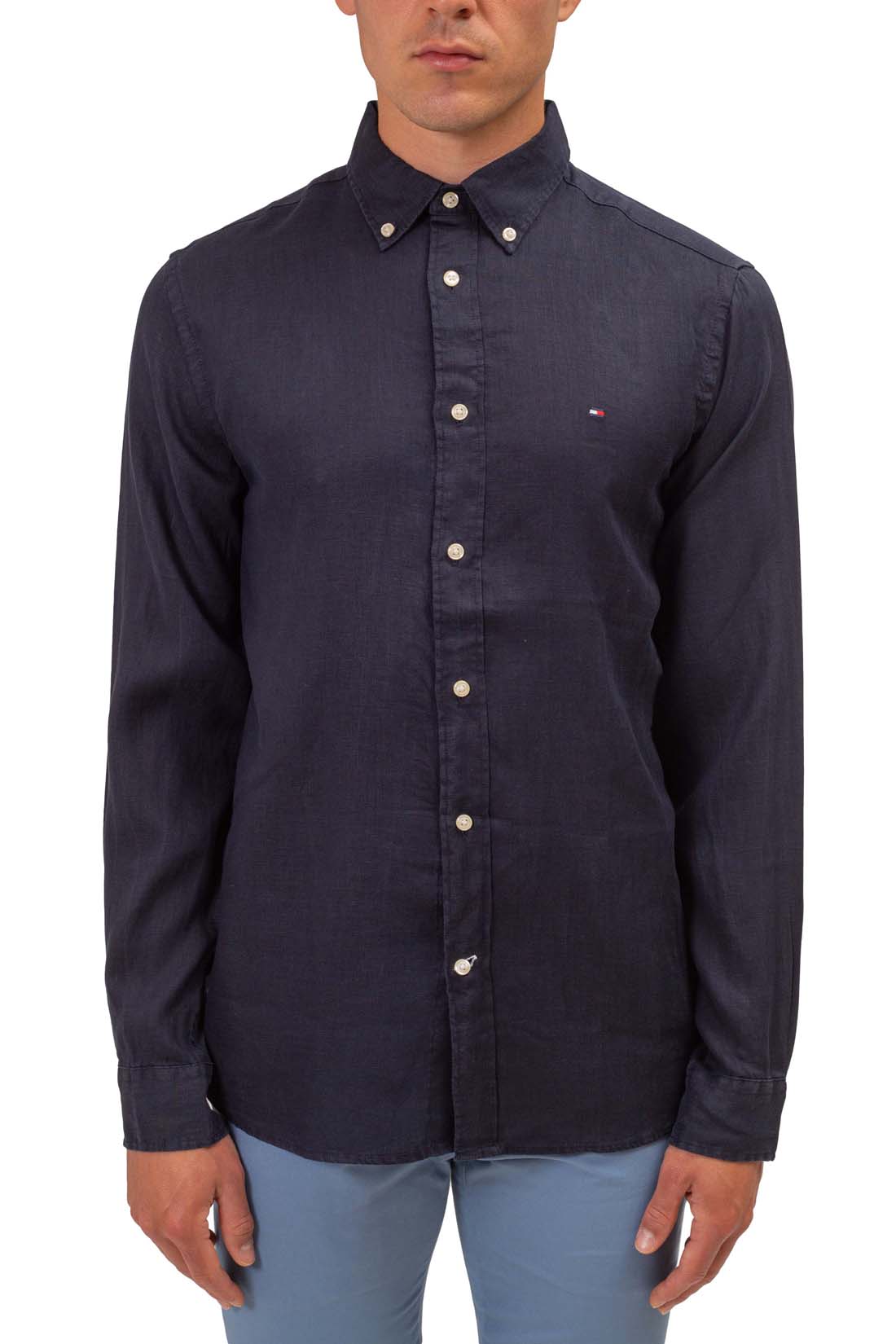 TOMMY HILFIGER - Men's regular linen shirt with logo  - Size L-6