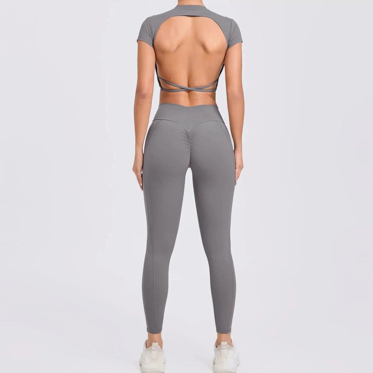 Cross Backless Sporty Set Women 2 Piece Sportswear Short Sleeve Training Suit for Fitness Yoga Wear Female Gym Workout Clothes-7