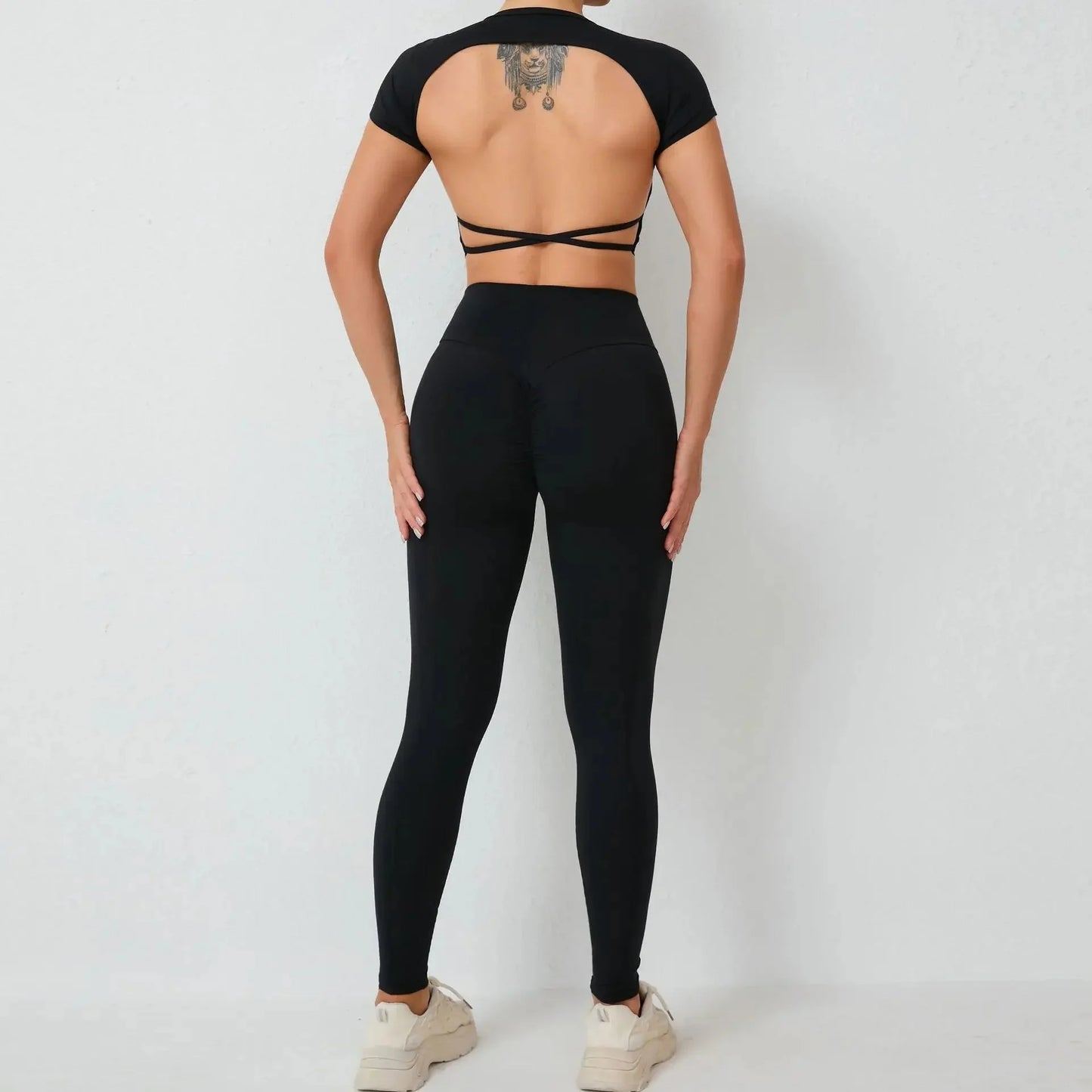 Cross Backless Sporty Set Women 2 Piece Sportswear Short Sleeve Training Suit for Fitness Yoga Wear Female Gym Workout Clothes-9