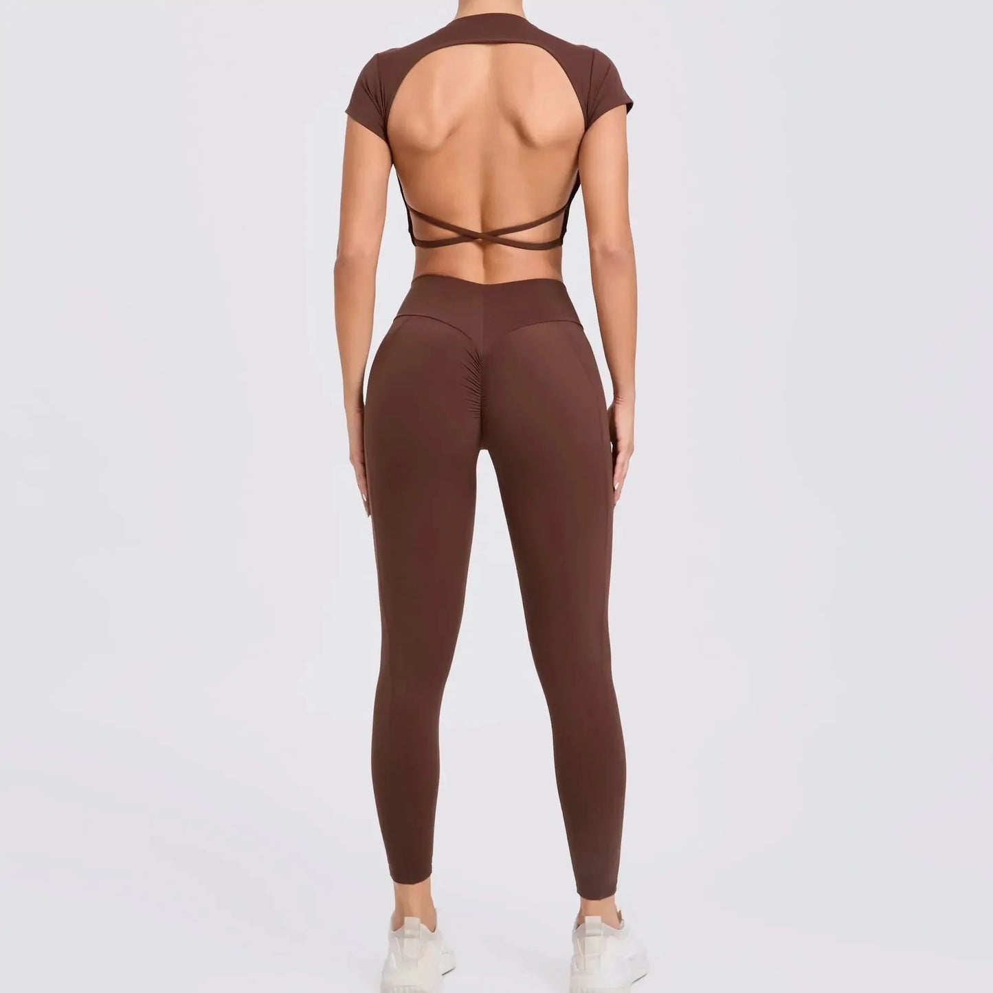 Cross Backless Sporty Set Women 2 Piece Sportswear Short Sleeve Training Suit for Fitness Yoga Wear Female Gym Workout Clothes-8