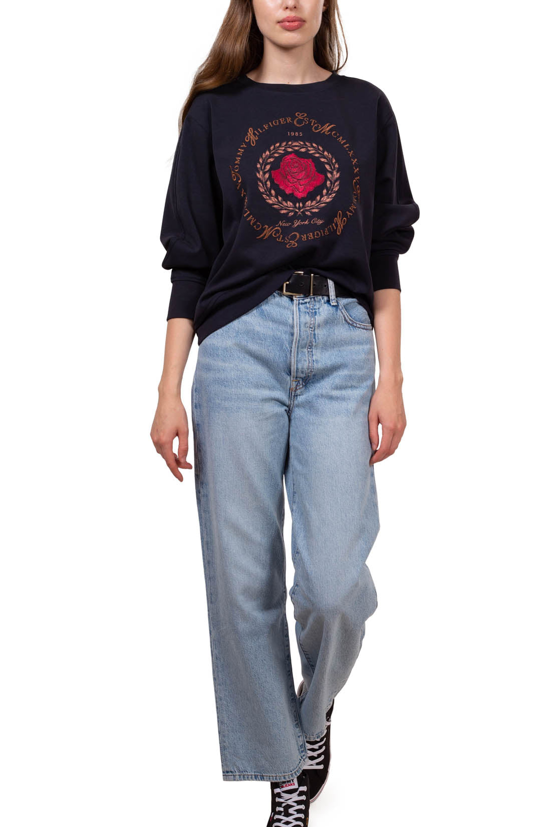 TOMMY HILFIGER - Women's relaxed sweatshirt with embroidered rose  - Size-7