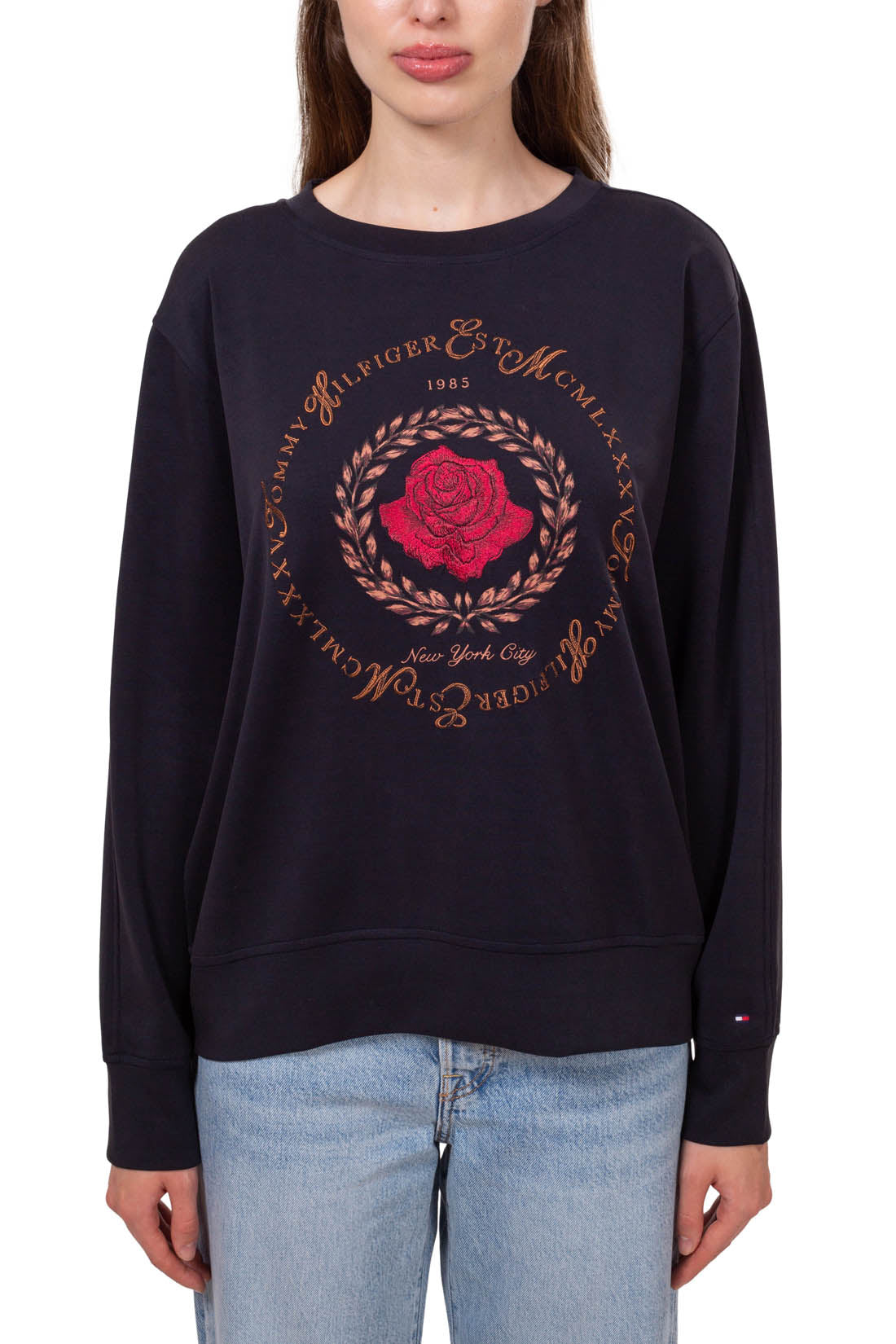 TOMMY HILFIGER - Women's relaxed sweatshirt with embroidered rose  - Size-17