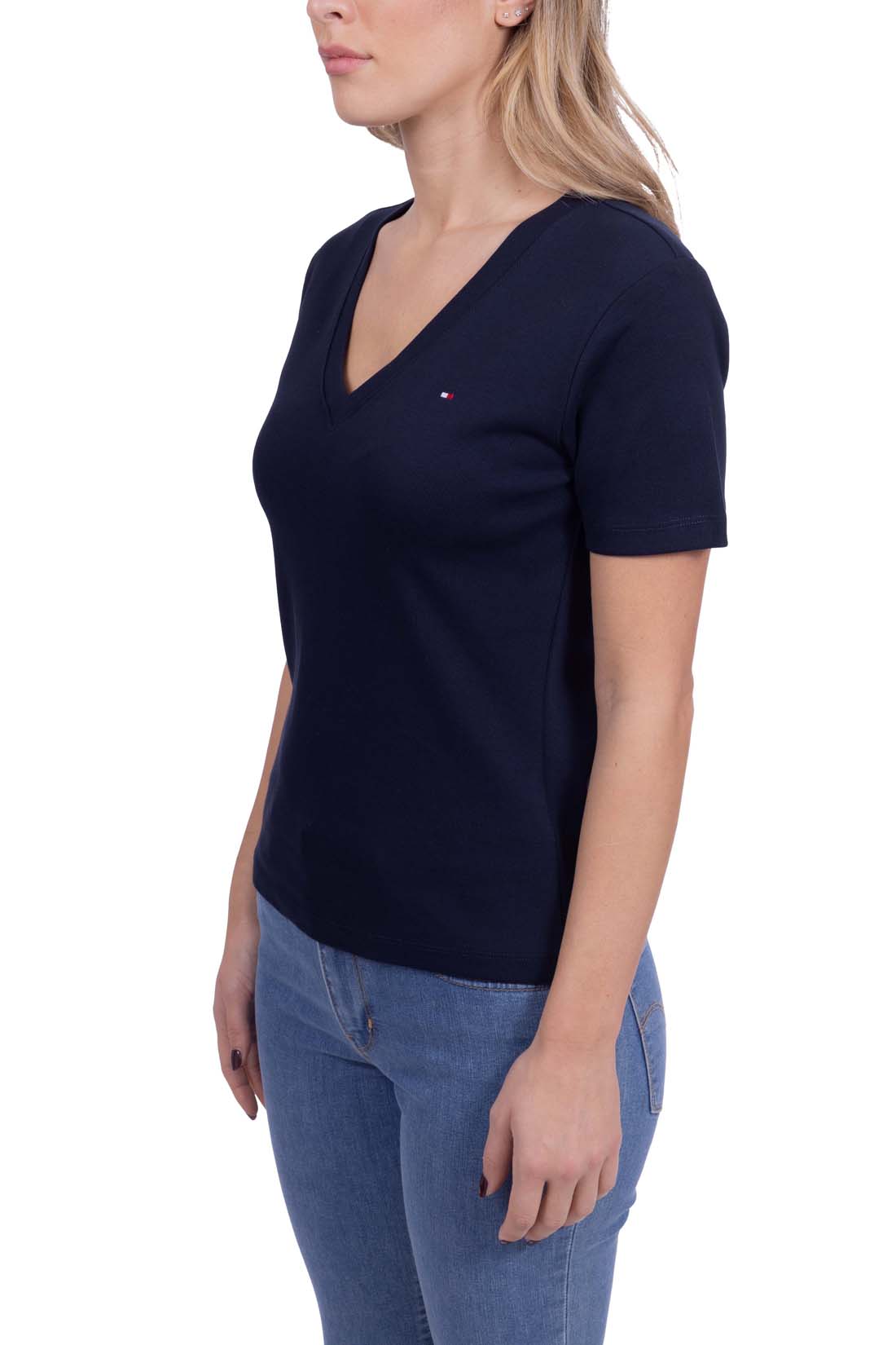 TOMMY HILFIGER - Women's slim T-shirt with v-neck  - Size L-7