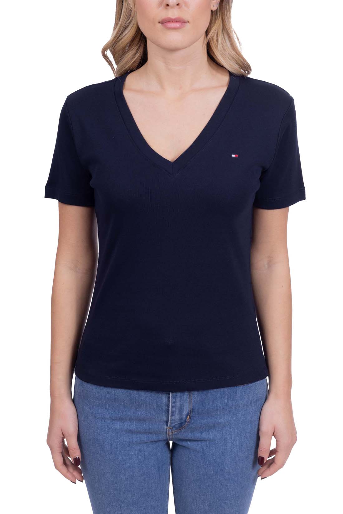 TOMMY HILFIGER - Women's slim T-shirt with v-neck  - Size L-5