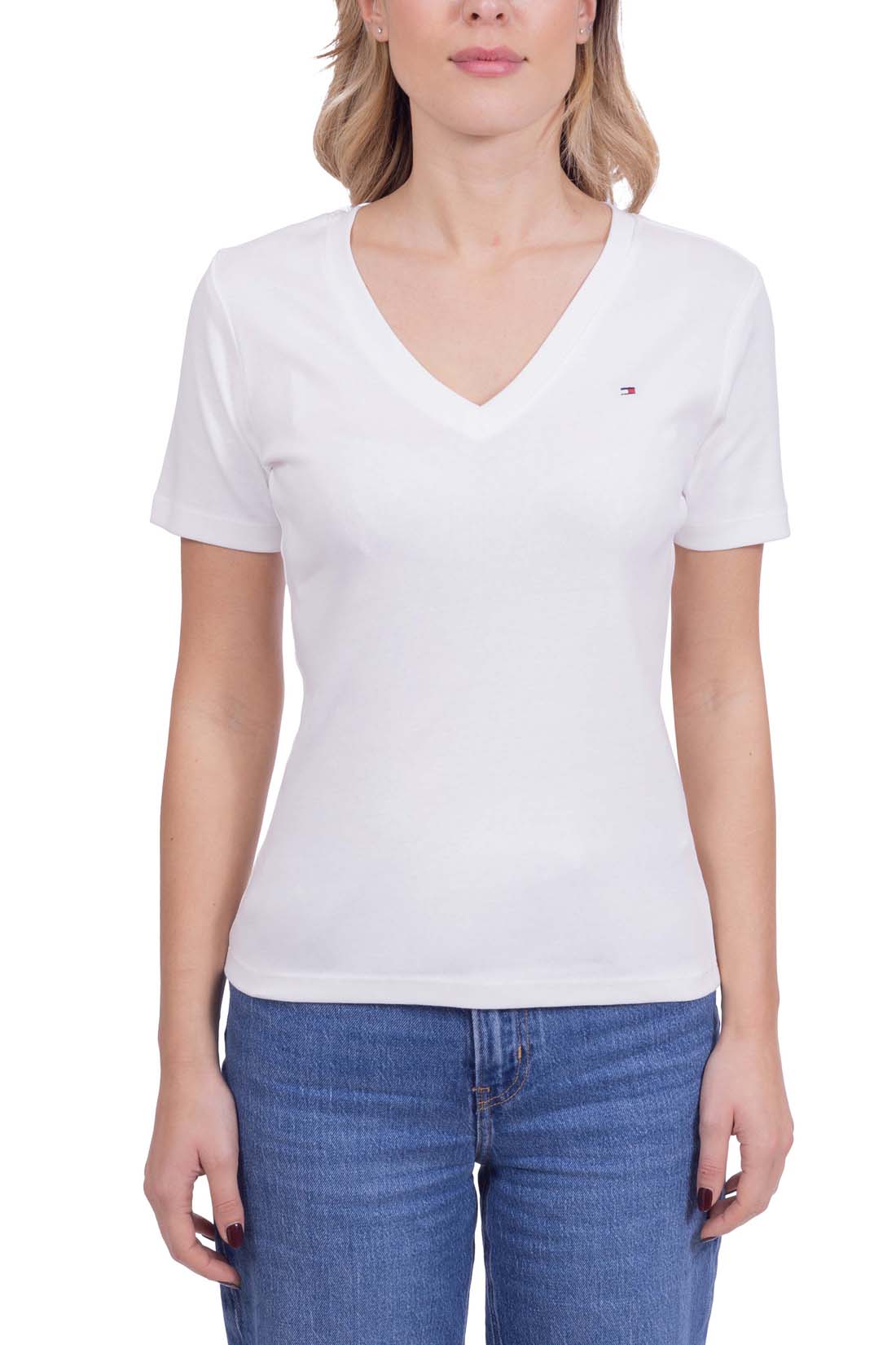 TOMMY HILFIGER - Women's slim T-shirt with v-neck  - Size L-21