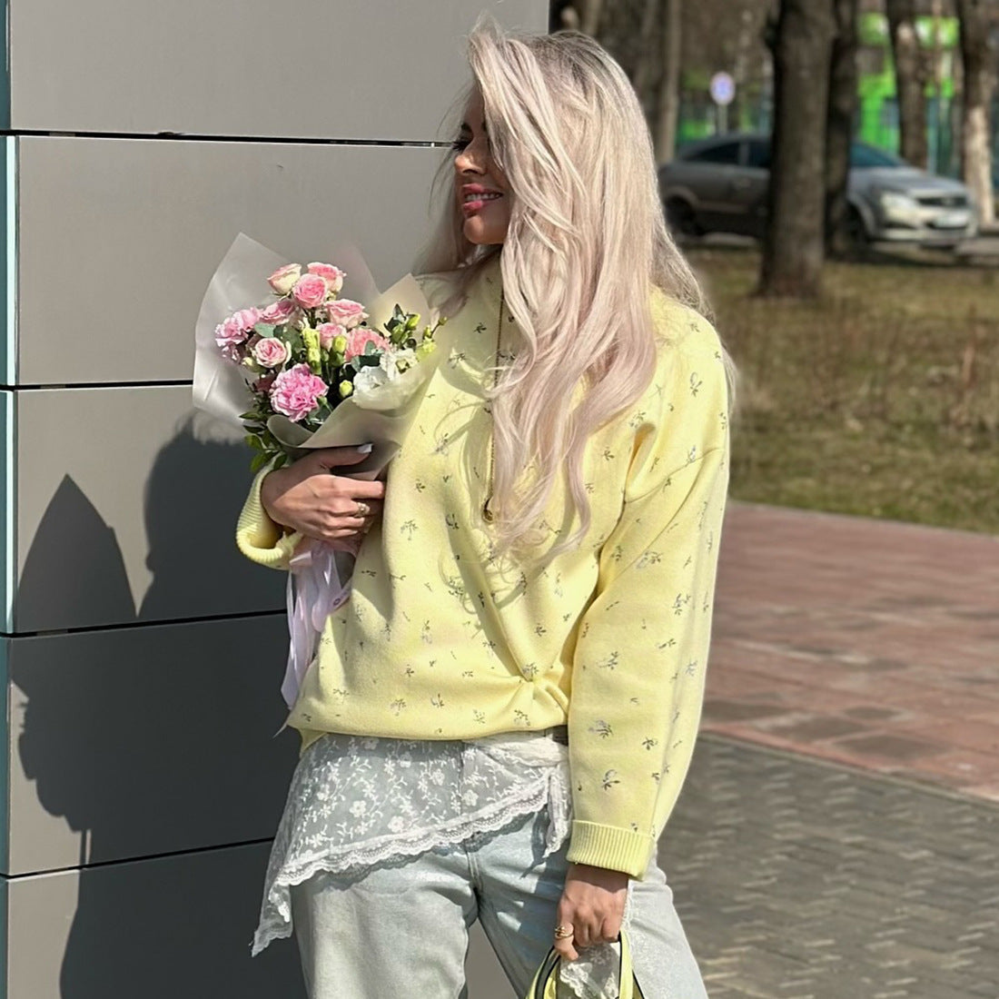 Womens European And American-style Chic Floral-print Crew-neck Pullover Sweater-2