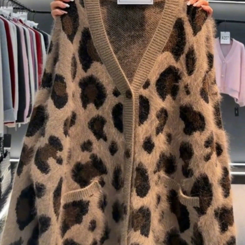 Leopard Print Thick Warm Coat Loose Lazy Knitted Cardigan Sweater-3