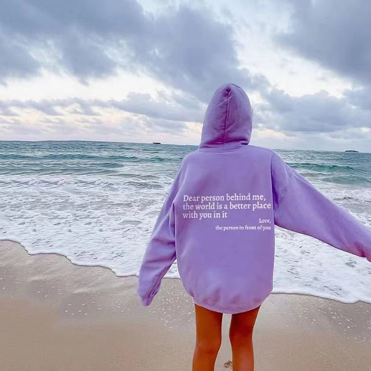 Dear Person Behind Me,the World Is A Better Place,with You In It,love,the Person In Front Of You,Women's Plush Letter Printed Kangaroo Pocket Drawstring Printed Hoodie Unisex Trendy Hoodies-15