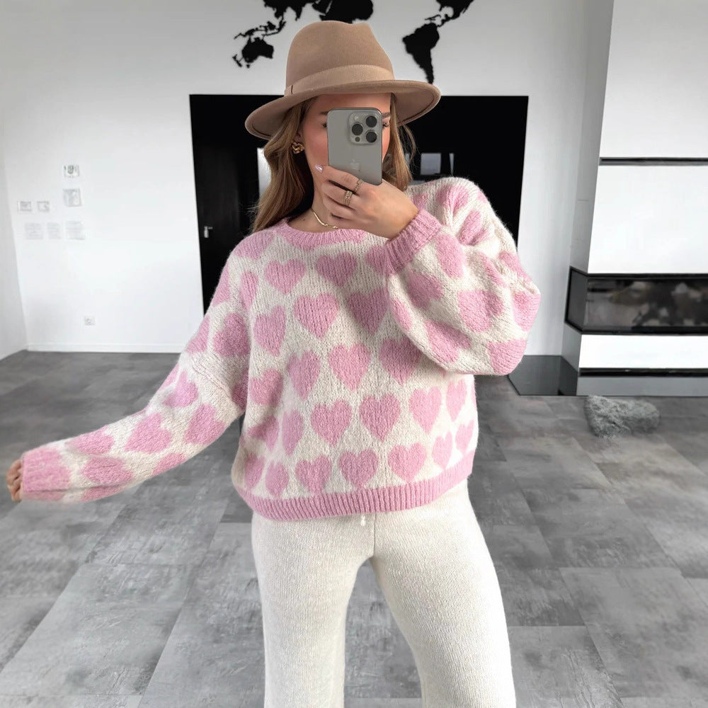 Heart Jacquard Color Contrast Short Knitted Valentine's Day Sweater-0