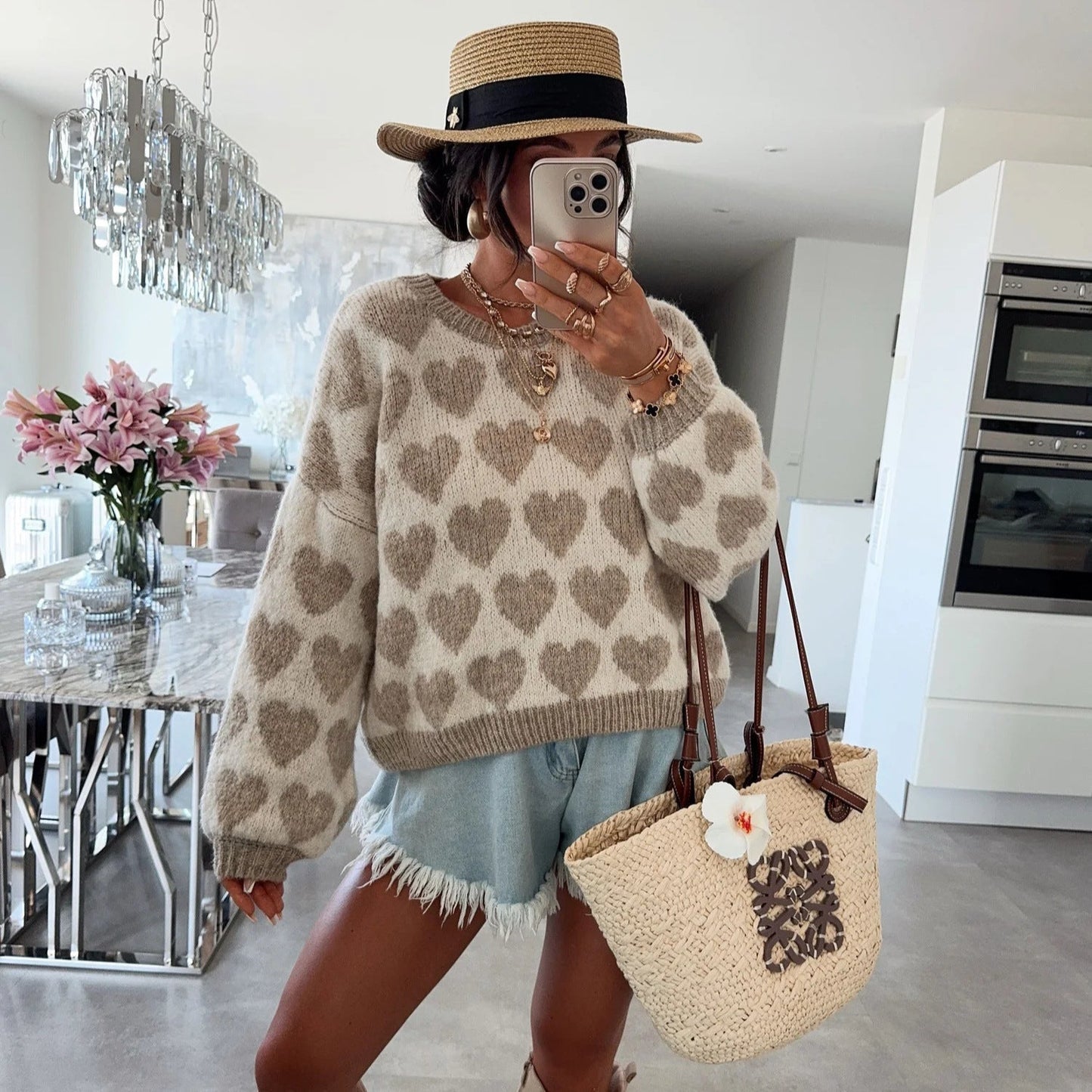 Heart Jacquard Color Contrast Short Knitted Valentine's Day Sweater-6