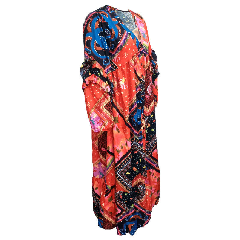Women's V-Neck Long Sleeve Printed Boho Dress-3